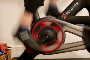 Feed on pedals on a Peloton exercise bike