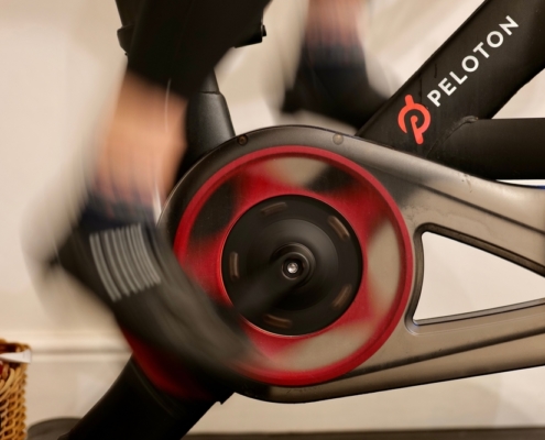 Feed on pedals on a Peloton exercise bike